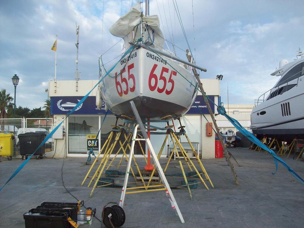 With the tear, floating about two inches above the water line, I decided to haul out7 - Mini Transat 2013 © Diane Reid http://www.onegirlsoceanchallenge.com/